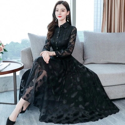 ドレス ワンピース レディース 半袖 長袖 シースルー ロング フレア Aライン レース 透け感 きれいめ エレガント 上品 黒 紺色 水色 オレンジ ピンク リーフ柄 M L XL 2XL 3XL