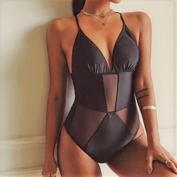 水着 スイムウェア バッククロス モノキニ ワンピース水着 ワンピース ノンワイヤー パッド付き 紐 クロス リボン バックリボン 透け感 シースルー 胸元 谷間 谷間魅せ かわいい 大人可愛い