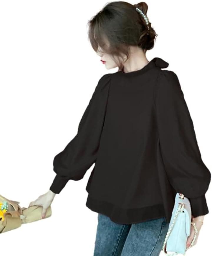 ブルーベリル ブラウス レディース バックリボン シフォン フレア パフスリーブ 長袖 立ち襟 くるみ釦 カフス BB025(ブラック, M)
