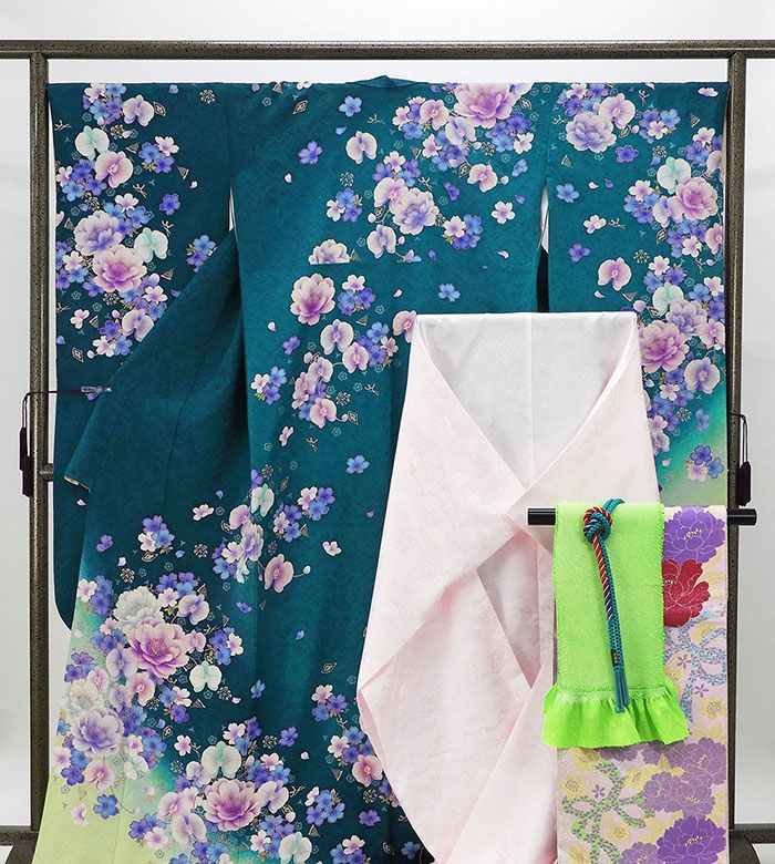 振袖 正絹 蘭花模様 5点セット 身丈171.5cm 裄丈67.5cm 袋帯 長襦袢 帯締め 帯揚げ 振袖セット 良品 リサイクル 中古 着物 e4085