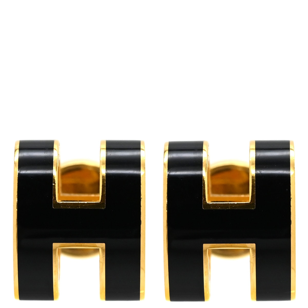 エルメス HERMES ピアス ポップアッシュ Hピアス GP エナメル ブラックイエローゴールド H型 【中古】