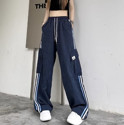 レディース パンツ ボトムス ワイドパンツ フルレングス ストレート ストリート ポケット ハイウエスト ウエストゴム アメカジ シンプル カジュアル かっこいい レトロ アジアン ラフ ボーイッシュ