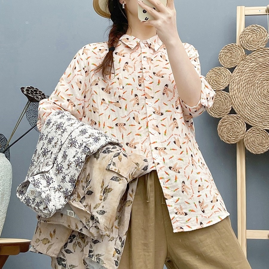 ヴィンテージシャツ 総柄 プリント 薄手 キャロット リーフ 花柄 レディース シャツ ブラウス 7分袖 襟付き フェミニン かわいい 大人可愛い きれいめ シンプル カジュアル 上品 おしゃれ