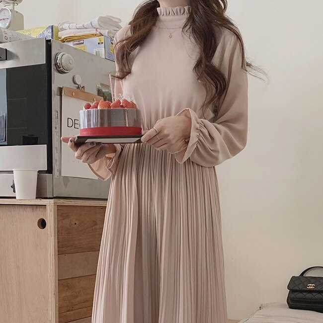 ロングワンピース レディース ドレス 大きいサイズ プリーツスカート ハイネック ランタンスリーブ