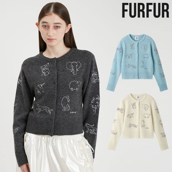【即納】 ファーファー FURFUR トップス 24秋冬 【動物占いRコラボ】アニマル刺繍カーディガン 長袖 ミドル丈 ニット rwnt245045