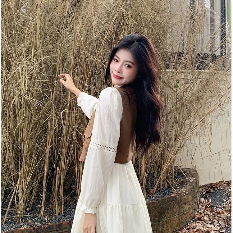 長袖ワンピース女性24のファッションは腰が痩せているアメリカのレトロな馬甲の外にスカートを2着着