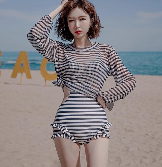 ワンピース 水着 レディース 夏 プール 海水浴 ビーチ レジャー ストライプ バックレス カジュアル 長袖 三角 ウエスト カバー