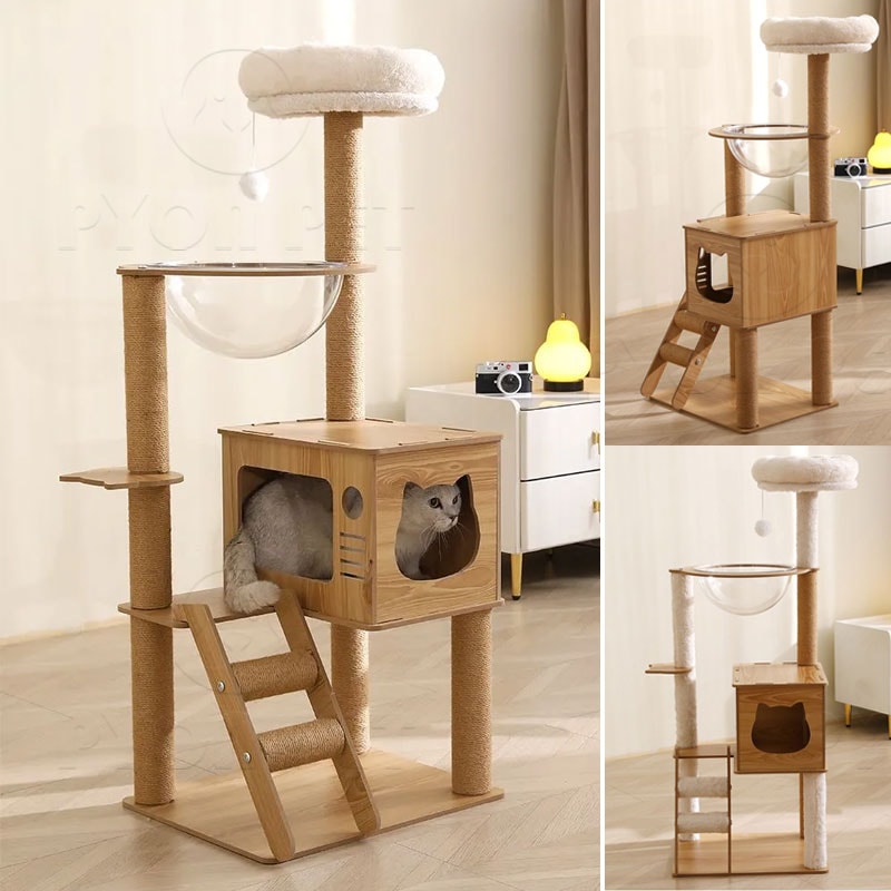 キャットタワー 据え置き型 猫 ペット 木にのる】ベッド付き無垢材