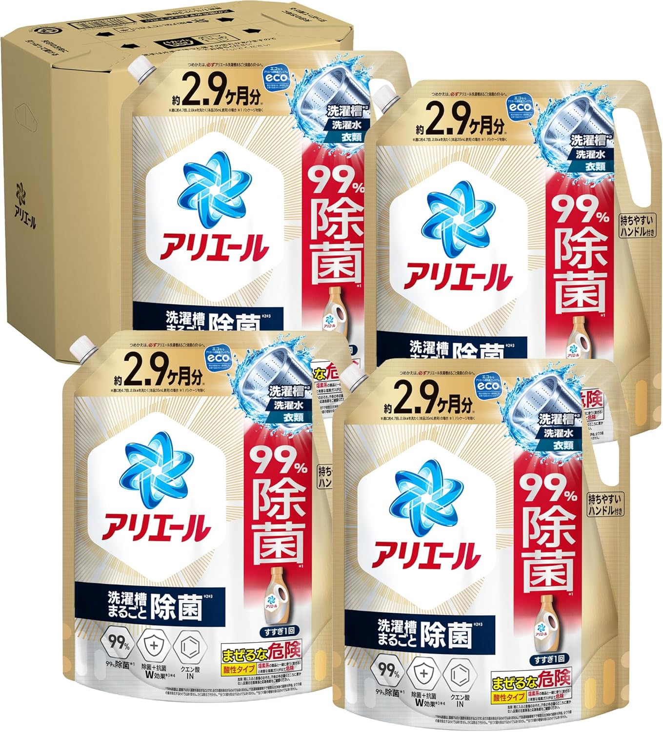 アリエール 洗濯洗剤 液体 超抗菌プレミアム 洗濯槽まるごと清潔に保つことを目指します スッキリひかえめな香り 詰め替え 2210gｘ4袋 大容量 ケース品