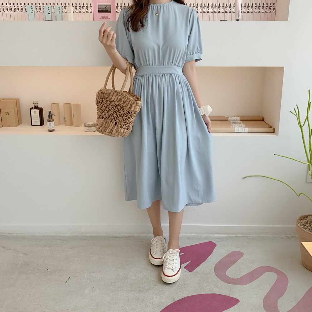 2色 レトロ風 ワンピース 半袖 春夏 きれいめ aライン aライン Aライン フレア 膝下 ミモレ ミモレ丈 ロング ロング丈 7分丈 ミディアム丈 ミドル丈 レギュラー丈 ボリューム袖 袖コンシャ