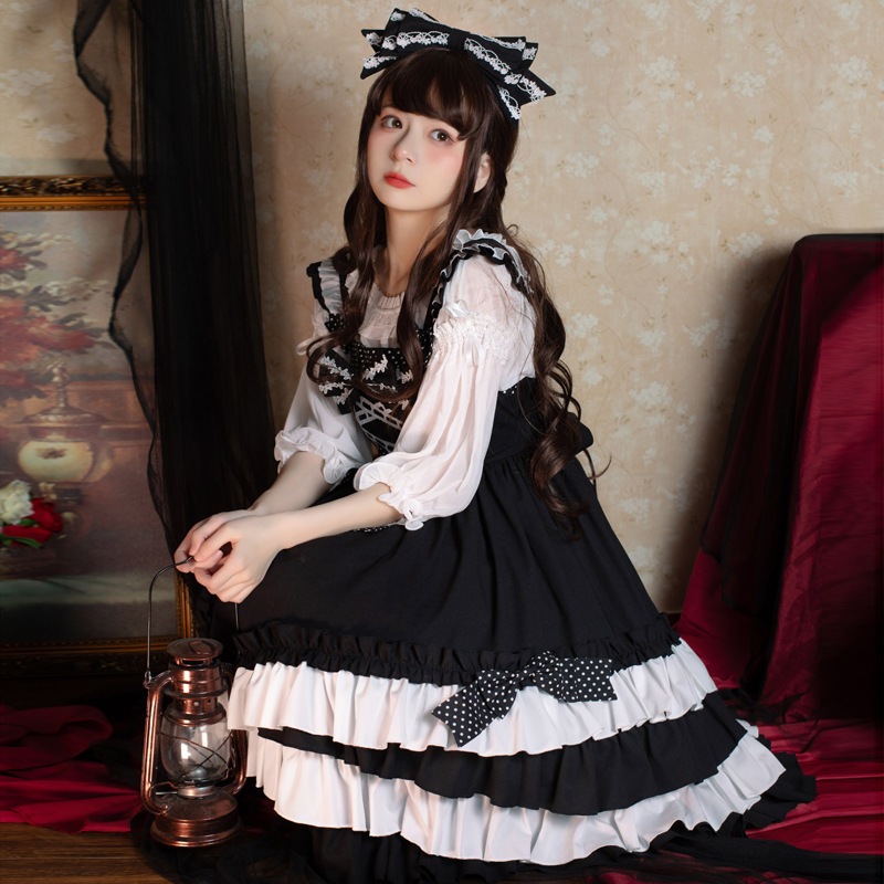 黒糖恋人ロリータスカート 甘辛スカート 夏 デイリー スイート クール 黒 サスペンダースカート ライトロースカート