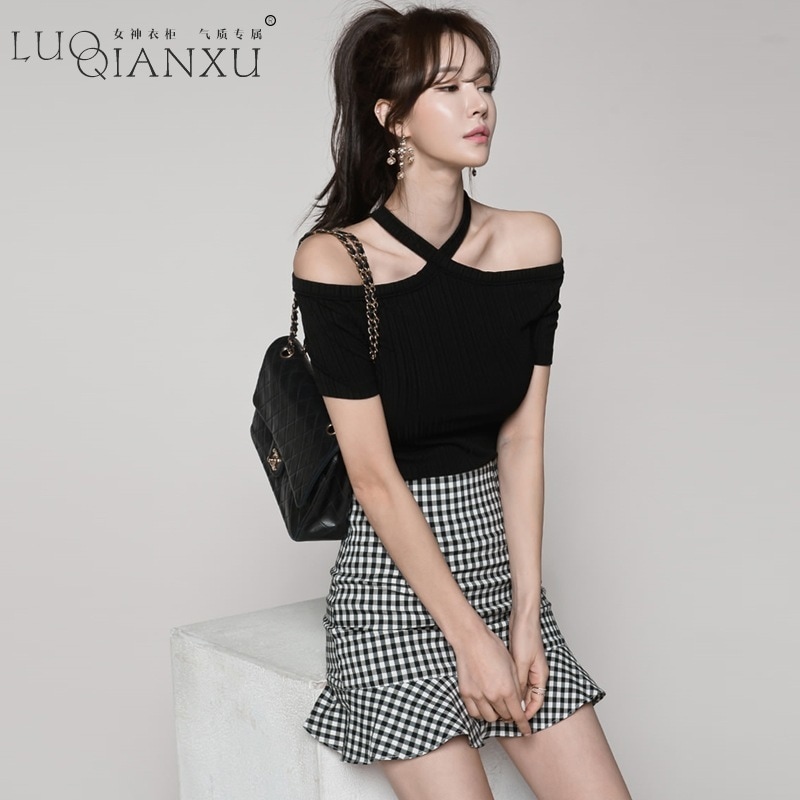 2025新型トランポリン婦人服ファッション二点セット気質一字肩首黒魚尾ワンピース女夏