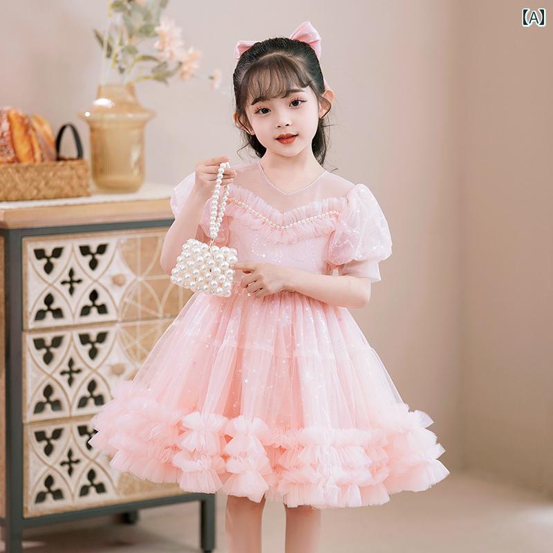 女の子 夏 ドレス 春夏 子供 キッズ チュチュ チュール ふんわり ボリューム スカート 段々 ケーキ パフ シアー ドレス プリンセス お姫様 お誕生日 レース 重ねる Ａライン スパンコール キ