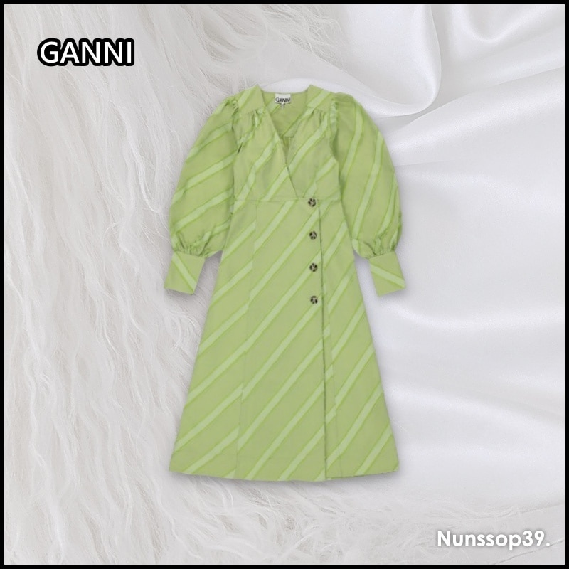 GANNI F6582 880 PUFF SLEEVE V NECK STRIPE ONEPIECE