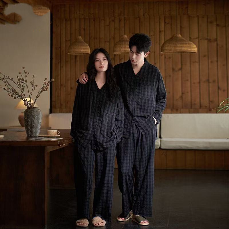 カップルパジャマ 2025 春秋新作 プラスサイズ リラックススタイル カーディガン 長袖 パンツ メンズ レディース ホームウェアセット