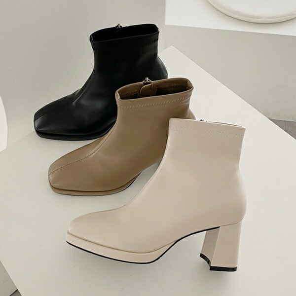 ショートブーツ ブーティ スクエアトゥ ストーム バックジップ 黒 ブラック ベージュ アイボリー