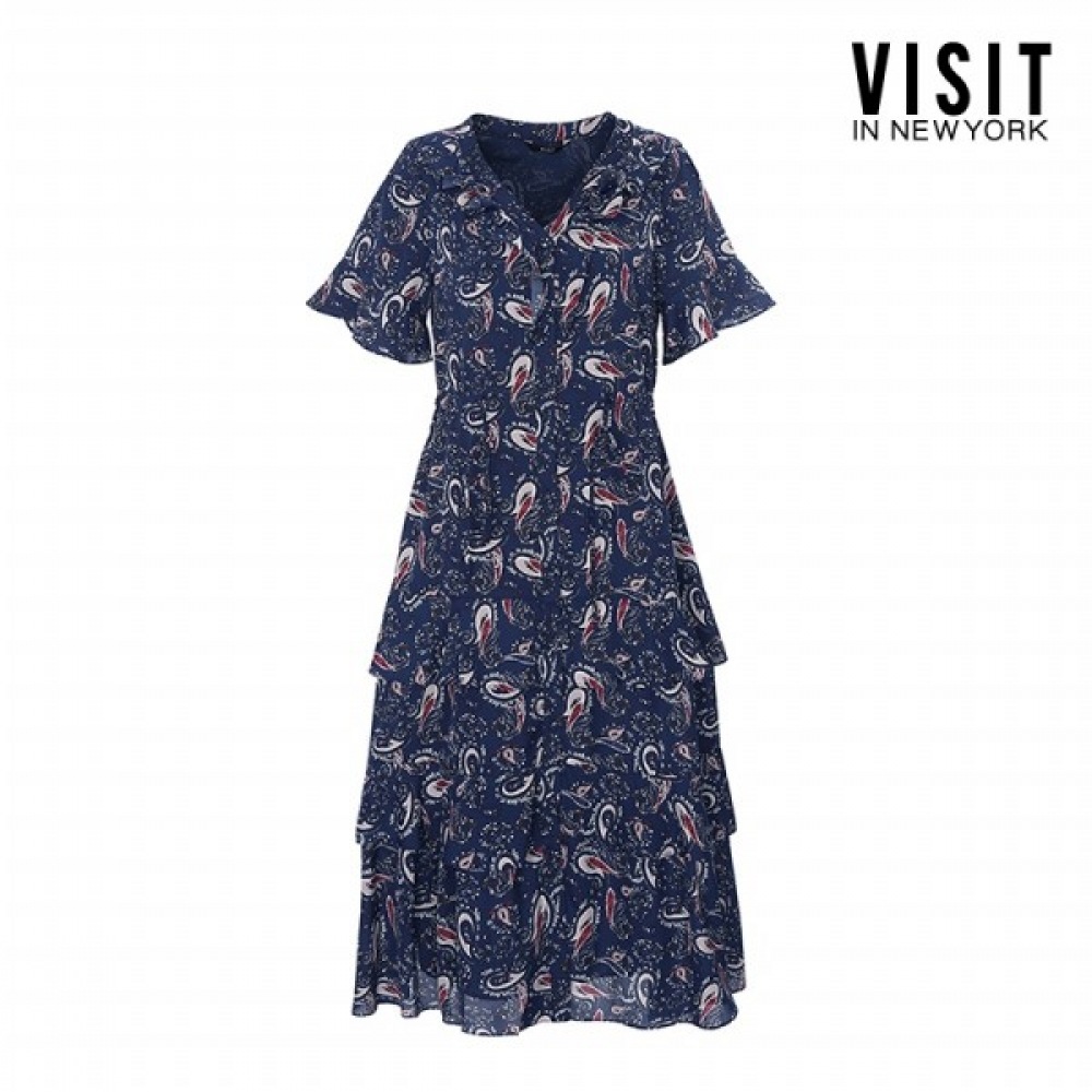 (ニューヨーク訪問) Vネックフリルプリントワンピース (VY5OP3F)