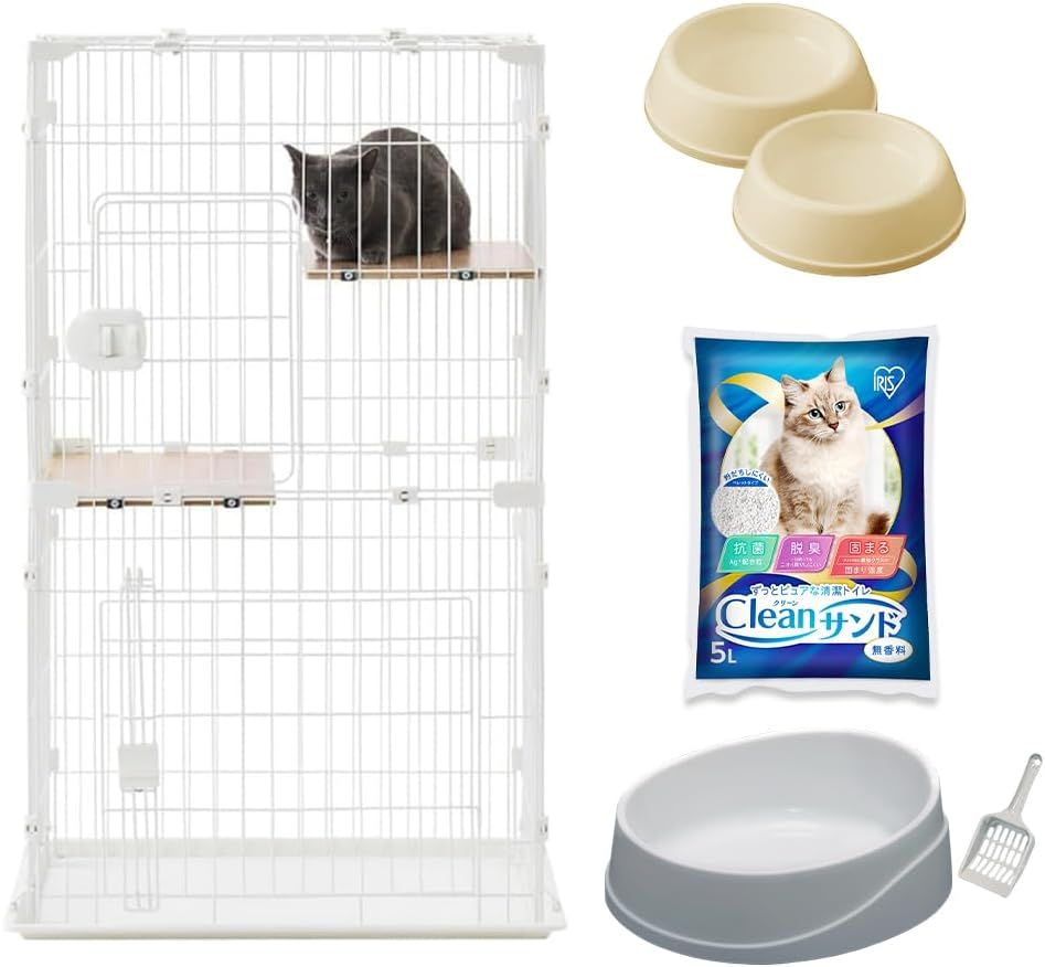 猫 ケージ キャットケージ コンパクトキャットケージ２段 CCC-112 ナチュラル+【猫用スターターセット】
