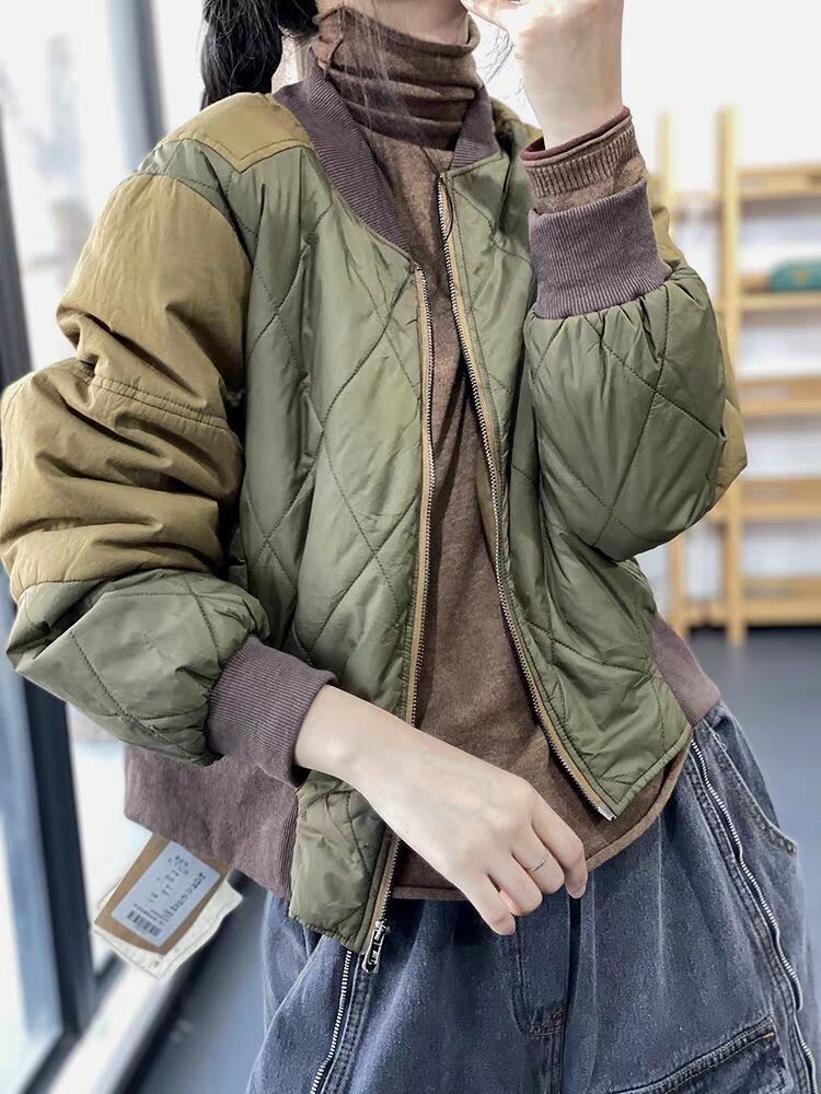 パッチワークカラープレスグリッ今週の割引は 25% オフですドゆったりカジュアル菱グリッド減齢ニップ綿コート野球着綿入れ女