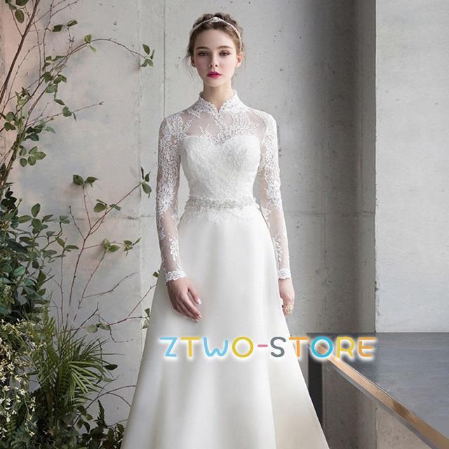 【急速出荷!】ワンピースドレスドレスウェディングドレス 長袖 袖あり スタンドカラー レース 大きいサイズ 4L 二次会 3L 刺繍 ウェディングドレス シンプル 小さいサイズ 上品 ウェディングドレ 7,220円