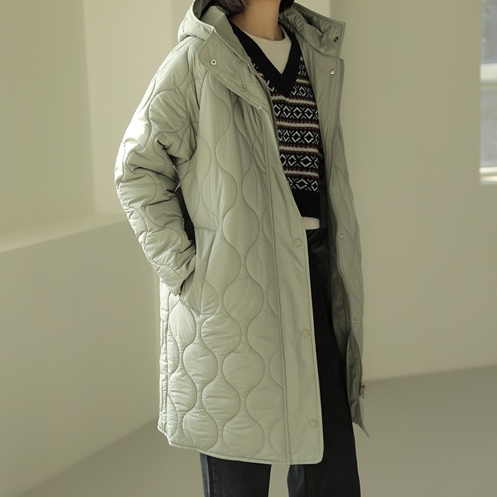 [韓国ファッション] ハイネック フード付き キルティング ロング中綿コート