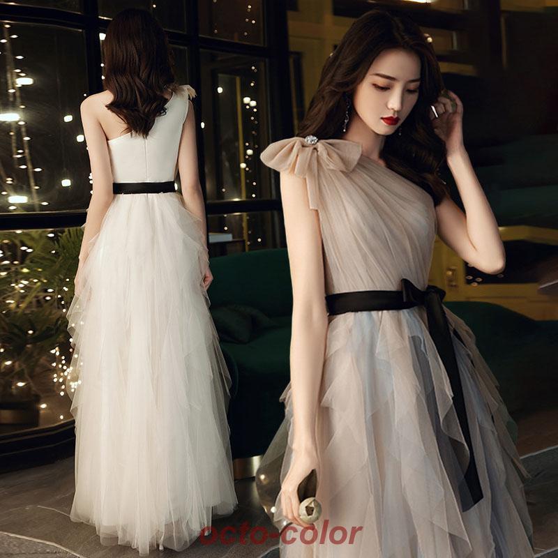 ワンショルダー エンパイア ノースリーブ Aライン ふわふわチュール 可愛い パーティードレス 細身 ワンピース レディース 花嫁ロングドレスHA19 5,976円