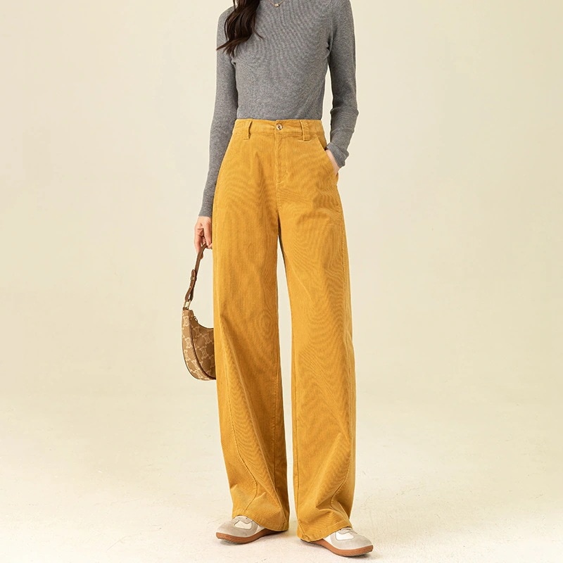 韓国大きいサイズコーデュロイパンツ ハイウエストワイド 秋冬新型 モップ風