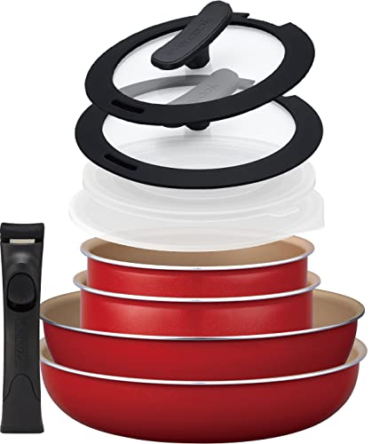 エバークック フライパンセット 9点セット 着脱式 IH対応 レッド ドウシシャ