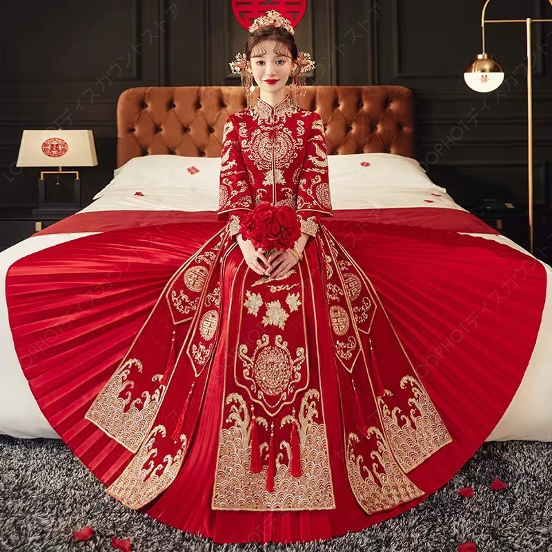 チャイナドレス ロング丈 マキシ丈 中国風結婚式 花嫁 ドレス 七分袖 袖フリル レース チュール切替 中華ドレス チャイナカラー 花 きらきら 金色刺しゅう 中華秀禾服-82