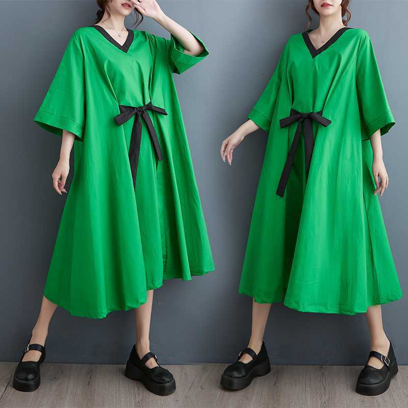 「ファットガール」 2024夏新品 vネック 七分袖 Aライン ワンピース 大きいサイズ 体型カバー レディース ワンピース メガ割30%までに制限