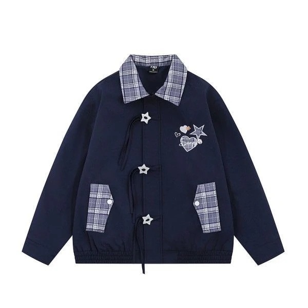 2025春チェックのパッチワーク開襟ジャケット男女レトロゆったりカップルコーデカジュアルアウター
