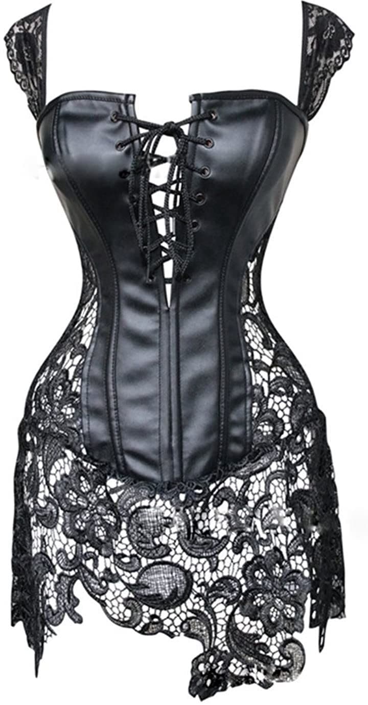 大きいサイズ 高品質 PUレザー レース コルセット ワンピース ドレス 5XL TOKYO GOODS MARKET(黒, 5XL)