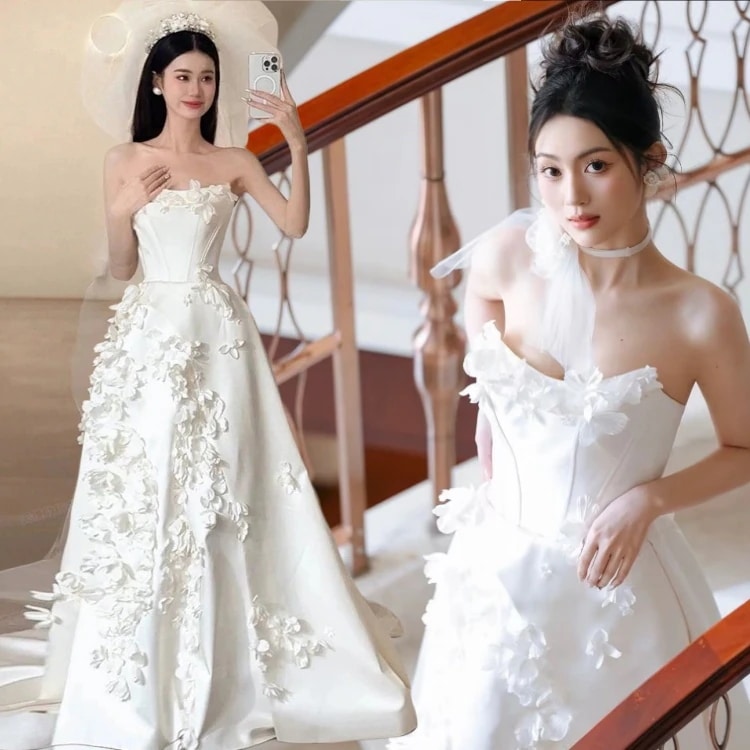 ウェディングドレス 花嫁 結婚式 ドレス Aラインドレス 挙式 二次会 ブライダル 結婚式 レディース ロングドレス 立体花 プリンセスライン 撮影 編み上げ式