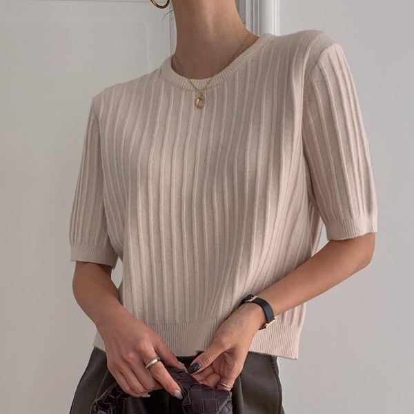 女子 セミクロップ ラウンド キャッシュニット 太いリブ 半袖 ニット