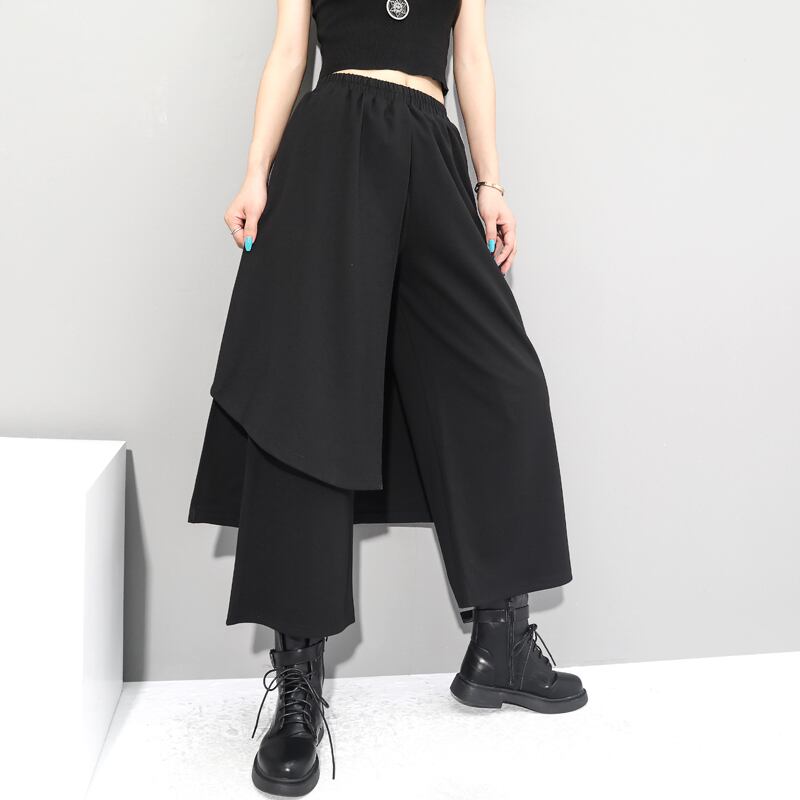 ボトムス パンツ ストレート ワイドレッグ l クロップドパンツ アシメ アシンメトリー ルーズ ゆったり ゆる 重ね着 重ね穿き風 無地 シンプル ウエストゴム 楽ちん クール かっこいい メ