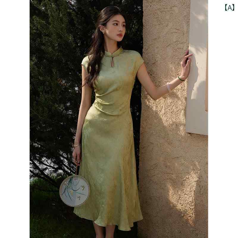 チャイナドレス レディース ワンピース レーヨン ヘビー ジャカード 絞り染め バックル ロング アンティーク グリーン ホワイト