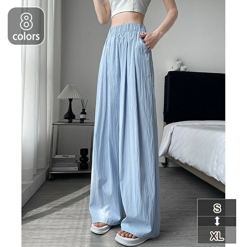 ワイドパンツ レディース ストレート サマーパンツ ゴム ロング パンツ イージーパンツ 体型カバー おしゃれ 冷感 レディースファッション ボトムス 薄い 軽い ポケット付き きれいめ 涼しいパンツ