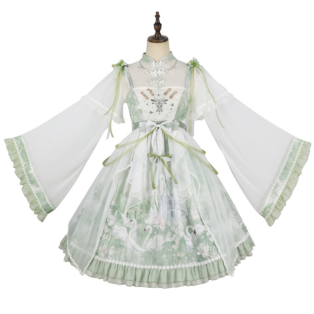 緑の白鳥の城の優雅なワンピース ロリータワンピース