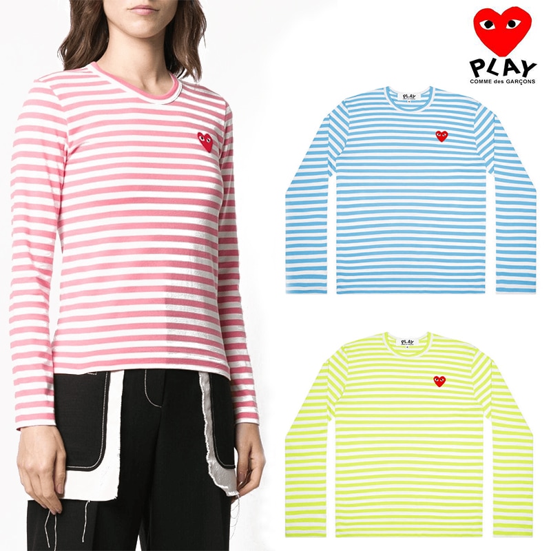 国内発送 / 正規品 【COMME des GARCONS】 PLAY RED HEART パステルボーダーTシャツ 長袖 レディース