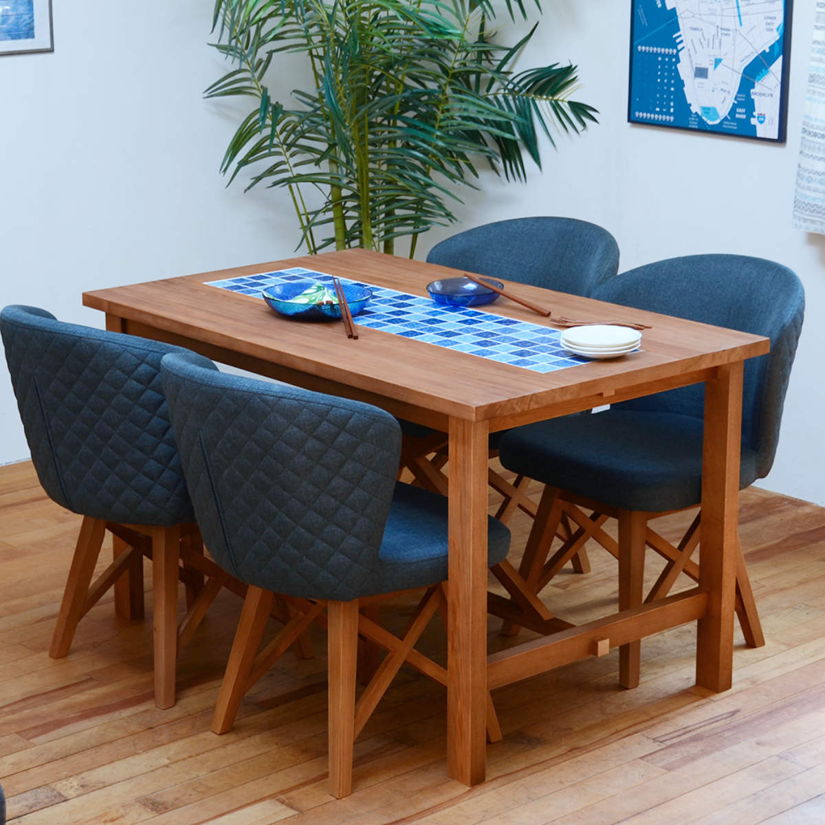 ダイニングテーブル 幅120cm PUDDLE タイル 天然木 食卓 テーブル 4人掛け 4人用 食卓机 ダイニング 長方形 木製 パイン材 セラミック ブルー タイルトップ おしゃれ