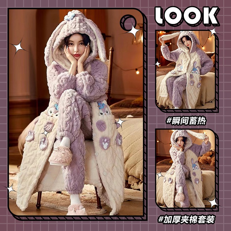 3層綿パジャマロングタイプ冬の厚手加絨フランネルスリーパー女性サンゴ絨毯連帽部屋着セット
