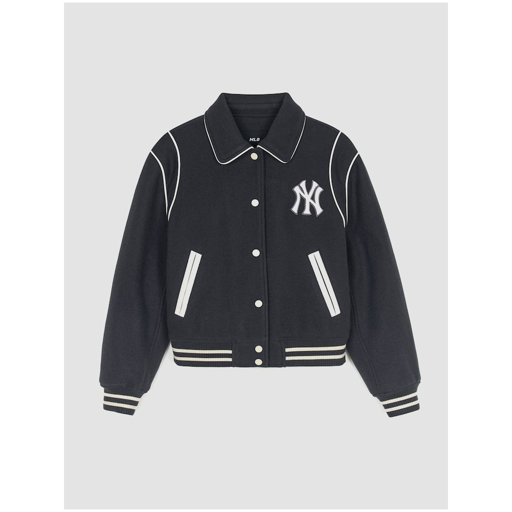MLB 女性用ウールカラークロップバーシティジャケット NY (チャコールグレー) QHHC3FJPV1046-50CGS