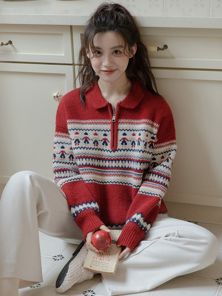 レトロPOLO襟赤クリスマス新年ジャンパー女性秋と冬の新しい怠惰な風のプルオーバーニットトップス