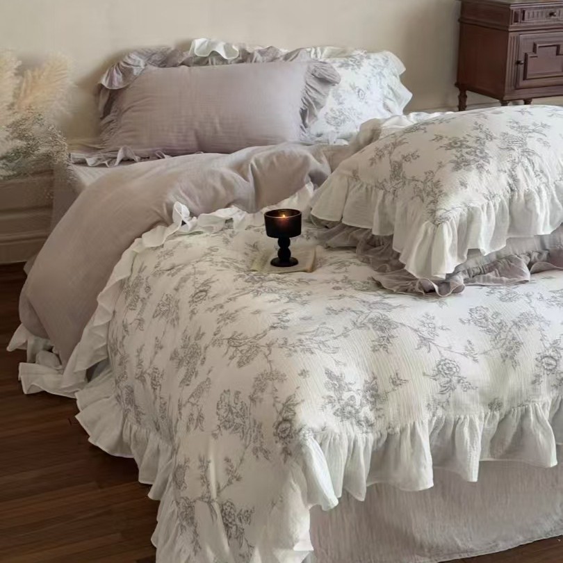 母と赤ちゃんのクラスaフルコットンのしわ二重層糸4ピースセットピュアカットンフレンチレトロプリンセススタイルの粉砕された花のキルトカバー