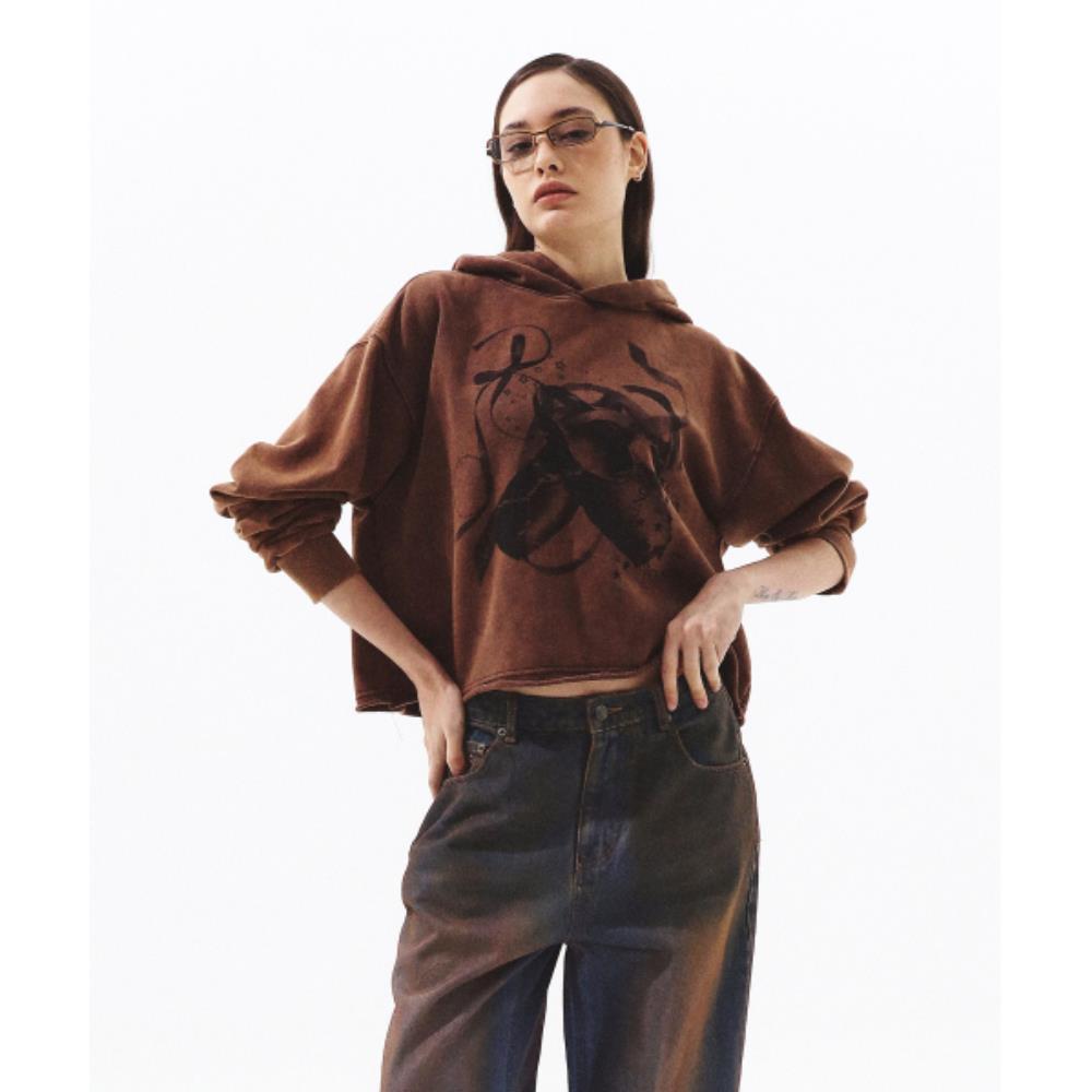 PRENDA BALLET RIBBON ACID WASH CROP HOODIE BROWN PRTFSSH