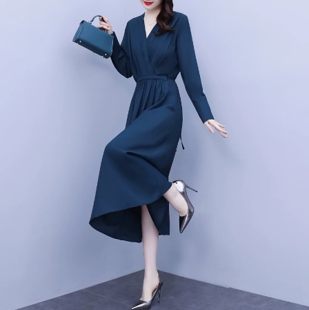 ワンピース ミモレ ミモレ丈 ロング ロング丈 袖あり 半袖 5分袖 五分袖 Vネック Aライン シフォン ウエストマーク 快適 着心地 かわいい 大人可愛い きれいめ シンプル 大人 上品 おしゃれ