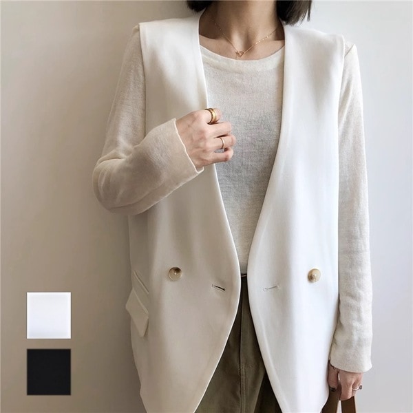２カラーロング丈ベスト レディース ジレ チュニック丈 ワンボタンベスト トップス ベスト シングルブレスト ノースリーブ Vネック 襟なし ノーカラー ストレート 無地 シーズンレス 10代 20代