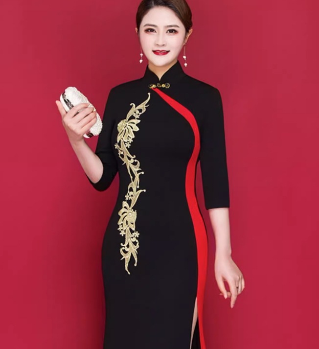 ワンピース デート モテアイテム チャイナドレス スリット ロング丈 刺繍 七分袖 大人可愛い きれいめ 上品 おしゃれ かっこいい 大人可愛い ラブリー キュート ガーリー クール モード系