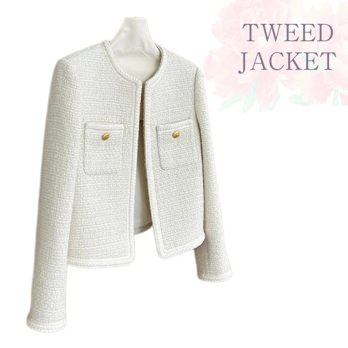 ノーカラージャケット ツイードジャケット レディース ノーカラー スーツジャケット アウター ジャケット ツイード 長袖 きれいめ エレガント ブラックスーツ 春 秋 冬 無地 上品 フォーマル ママ