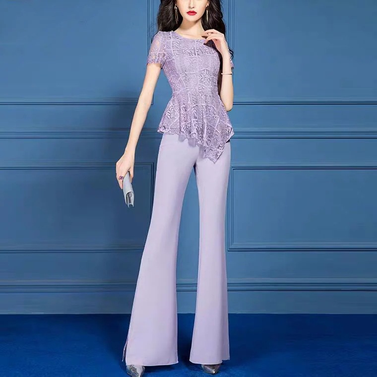 夏のスーツ女性の女神ファンレースシャツシフォンフレアパンツツーピーススーツ齢を減らすために
